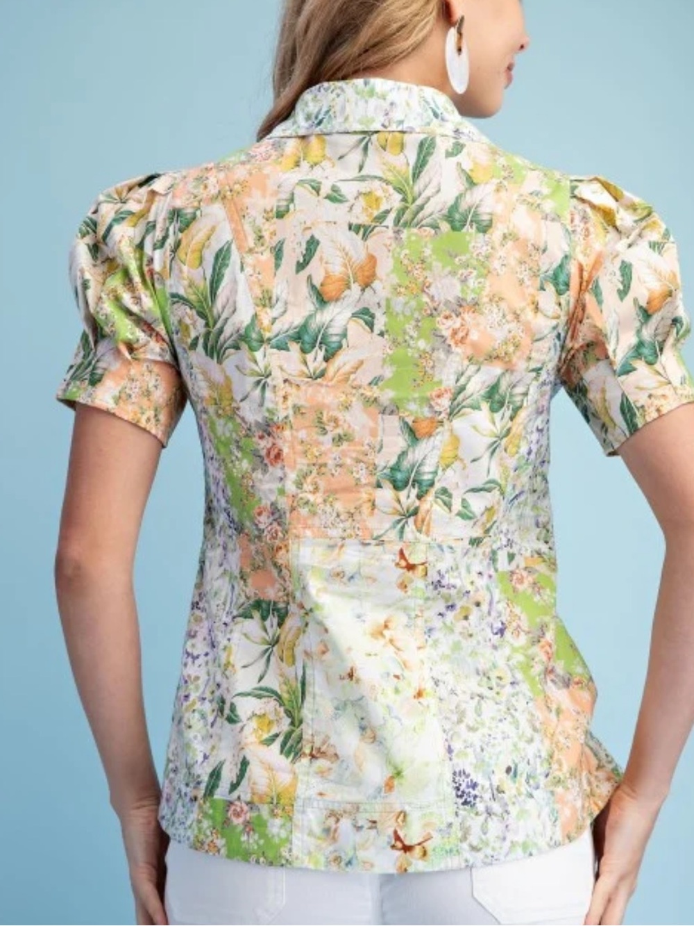 Pastel Floral Short-Sleeve Patchwork Button Front Blouse - Picture 2 of 8